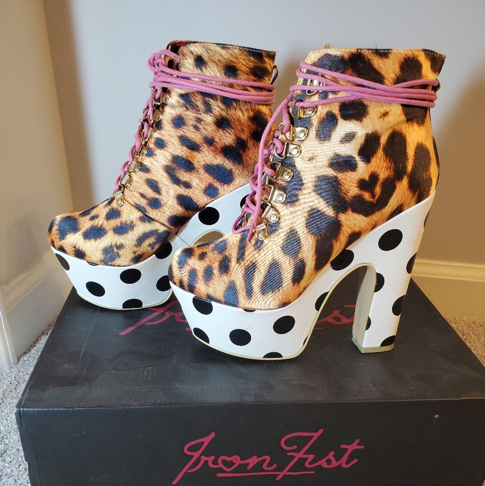 IRON FIST leopard/black & white polka dot booties pink laces 7